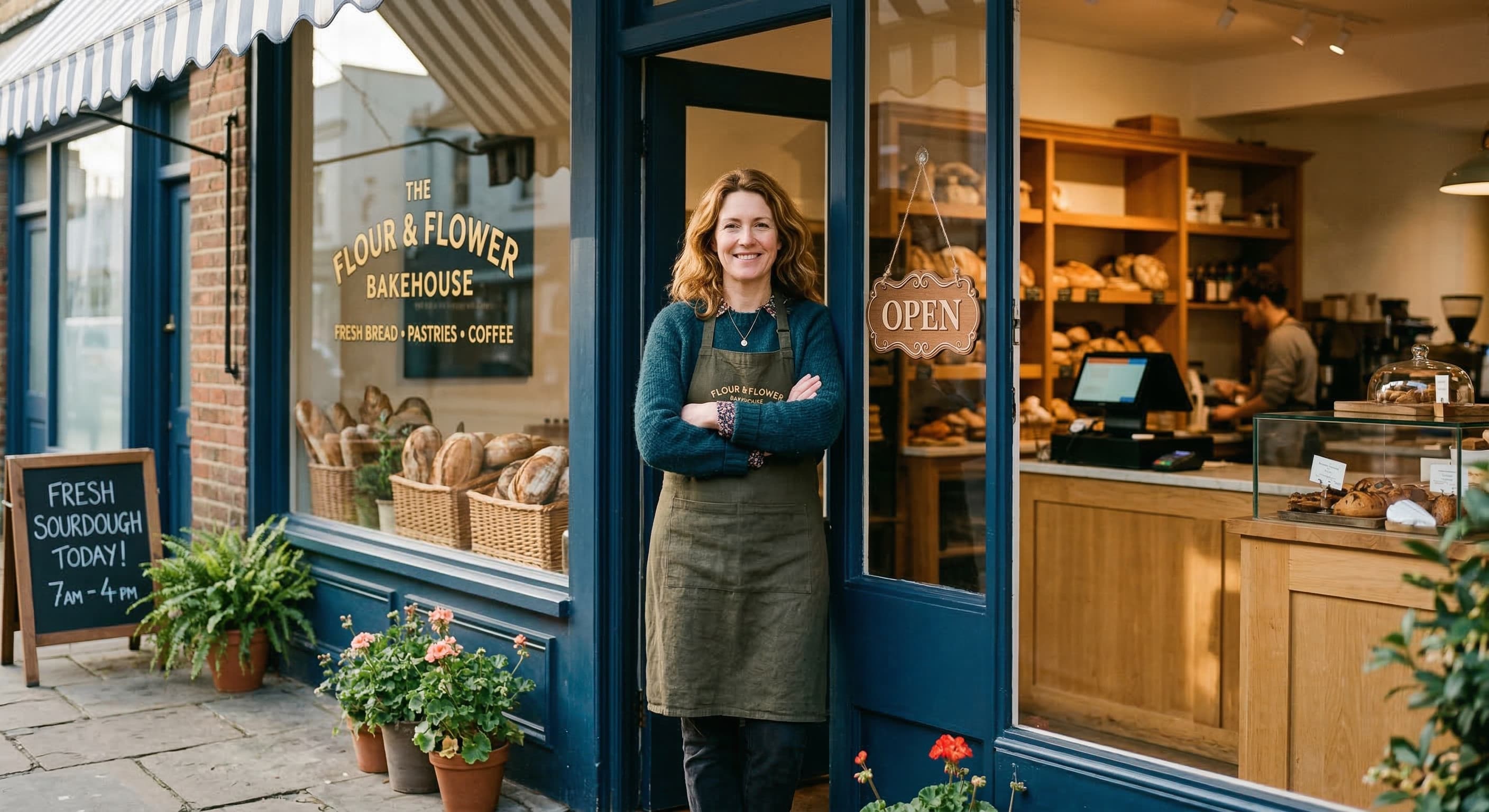 A small business owner standing proudly in the doorway of her bakery